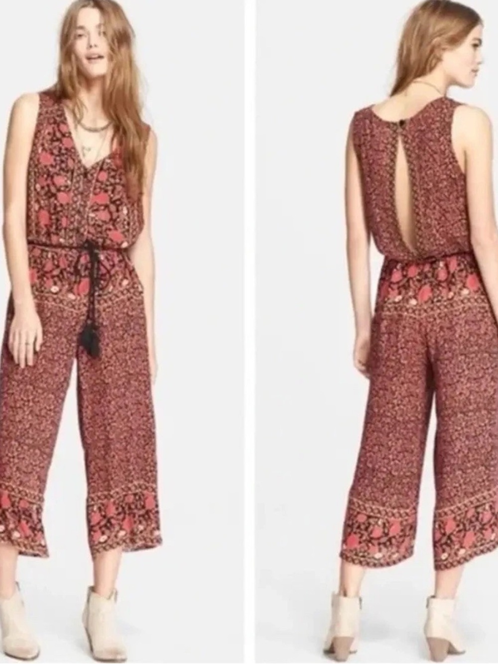 Free‎ People Coral Black Floral Geometric Romper Boho Coastal Cottagecore XS